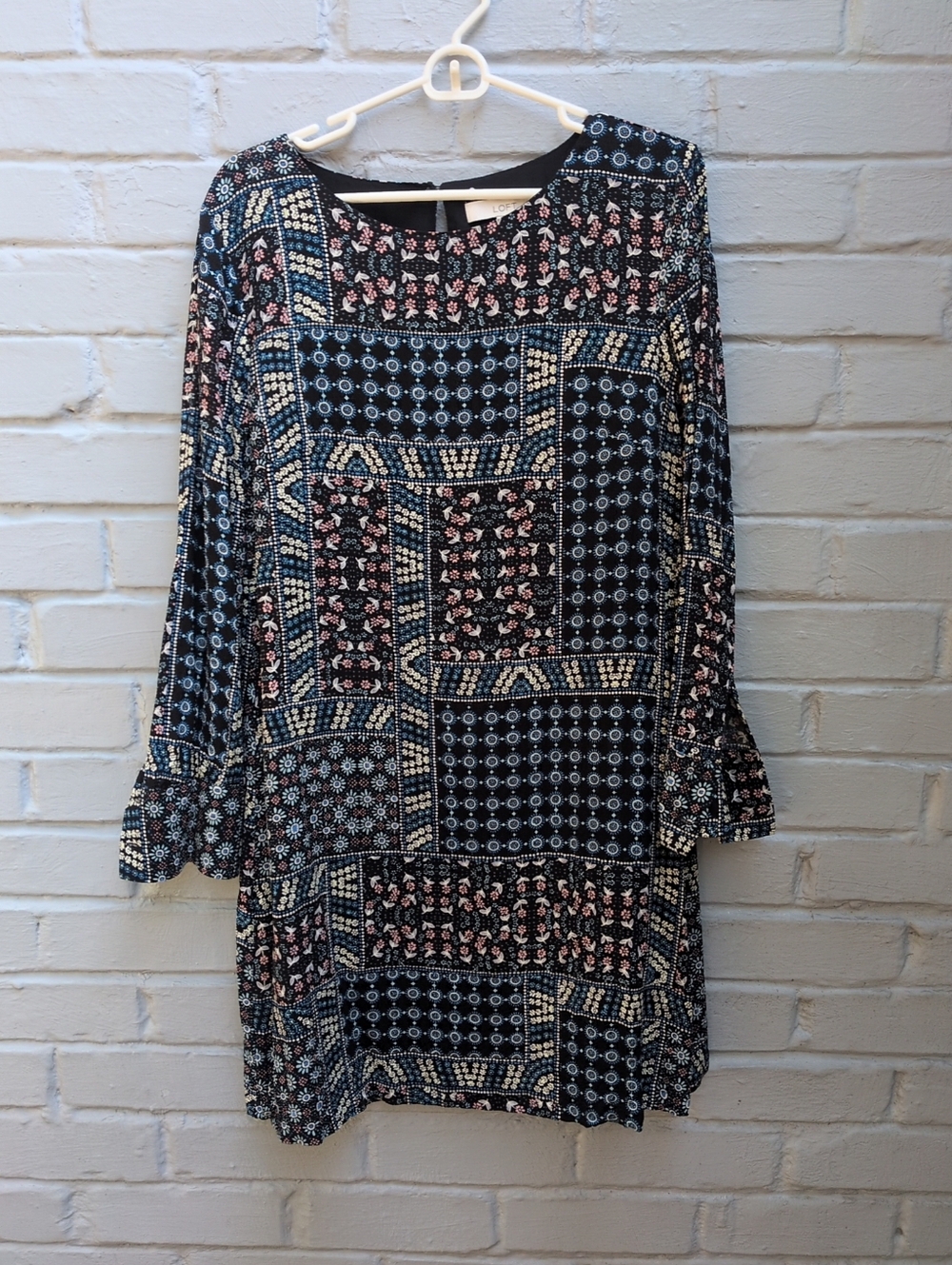 Loft Size 10 Boho Patchwork Print Long Sleeve Dress - Navy with Pink Accents